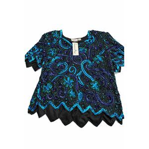 NWT Laurence Kazar Silk Beaded Sequin Top Blouse Plus Size 2X New